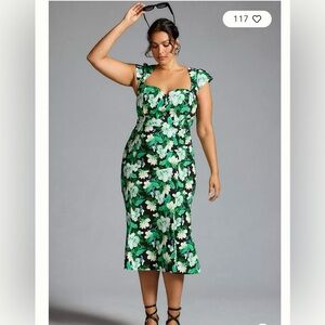 Anthropologie Green and Black Floral Midi Dress
